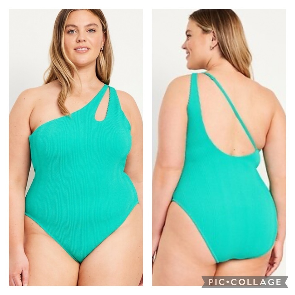 NWT Plus Size Old Navy One-Shoulder Swimsuit in Textured Green